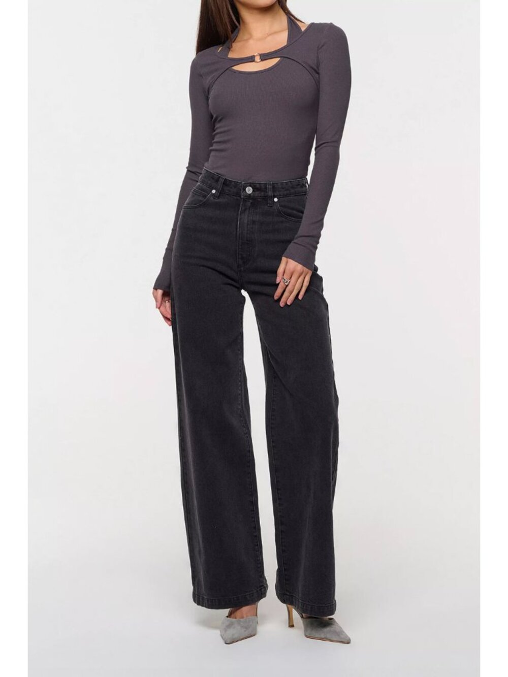 Abrand Sophie Washed Faded Black Denim Cotton 94 High And Wide Leg Jeans